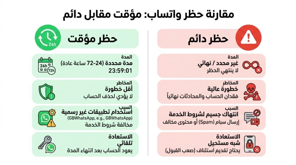الفرق بين الحظر المؤقت والحظر الدائم في واتساب من حيث المدة والخطورة وإمكانية الاسترجاع