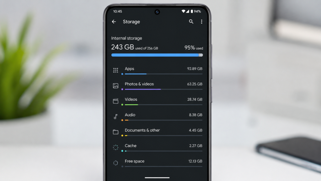 فحص مساحة التخزين لإصلاح مشكلة متجر Google Play لا يحمل التطبيقات