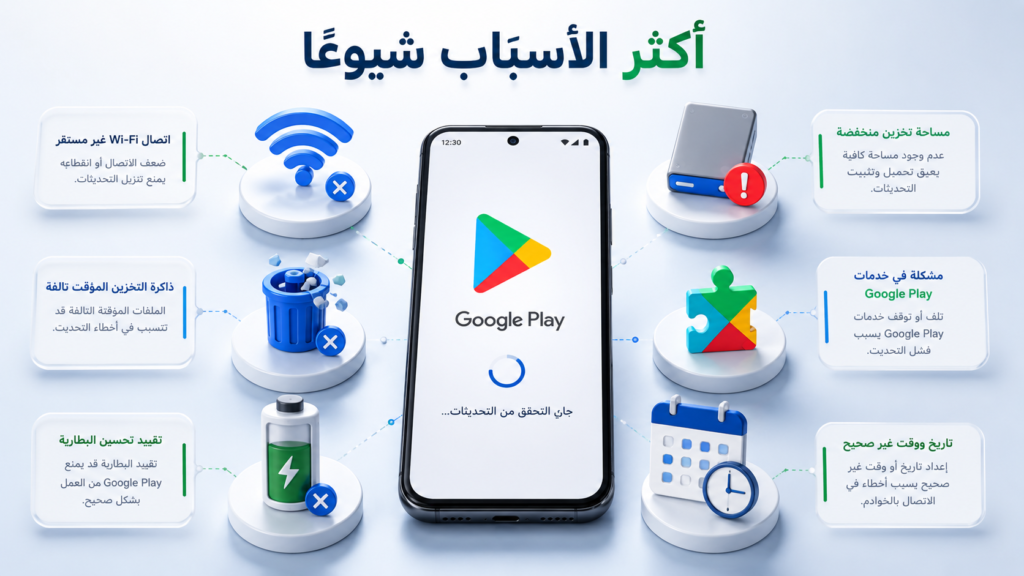 متجر Google Play لا يحدث التطبيقات: 10 حلول فعالة لإصلاح المشكلة نهائيًا (دليل 2026) متجر Google Play لا يحدث التطبيقات