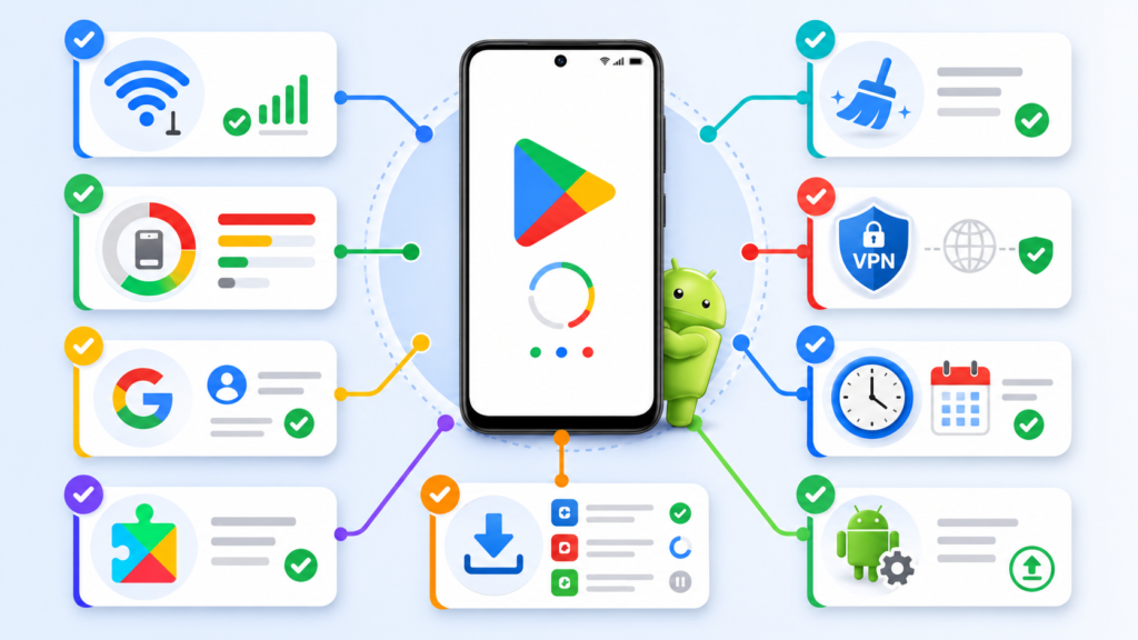 ملخص أسباب مشكلة متجر Google Play لا يحمل التطبيقات