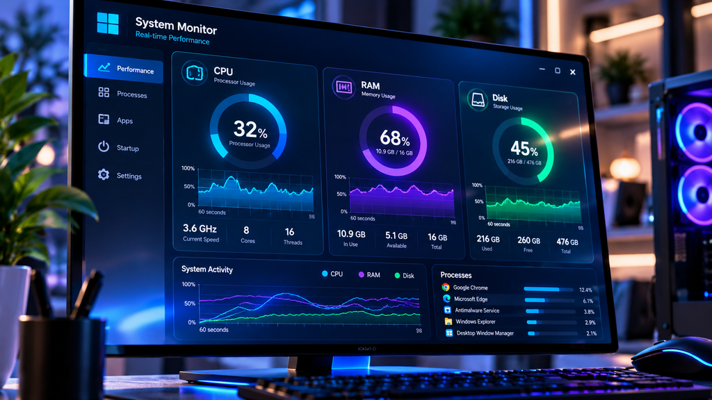 فحص استهلاك المعالج والرامات عبر مدير المهام Task Manager